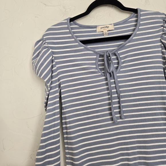 Anthro Porridge Puff Sleeve Striped Ribbed Blue White Top, L - Picture 5 of 11